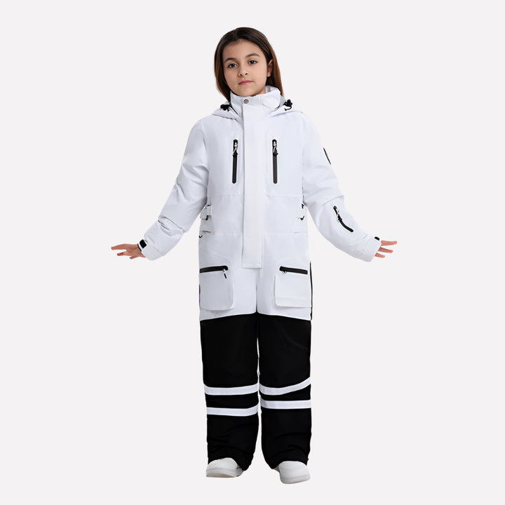 Kinder snowboard en skipak uit één stukt