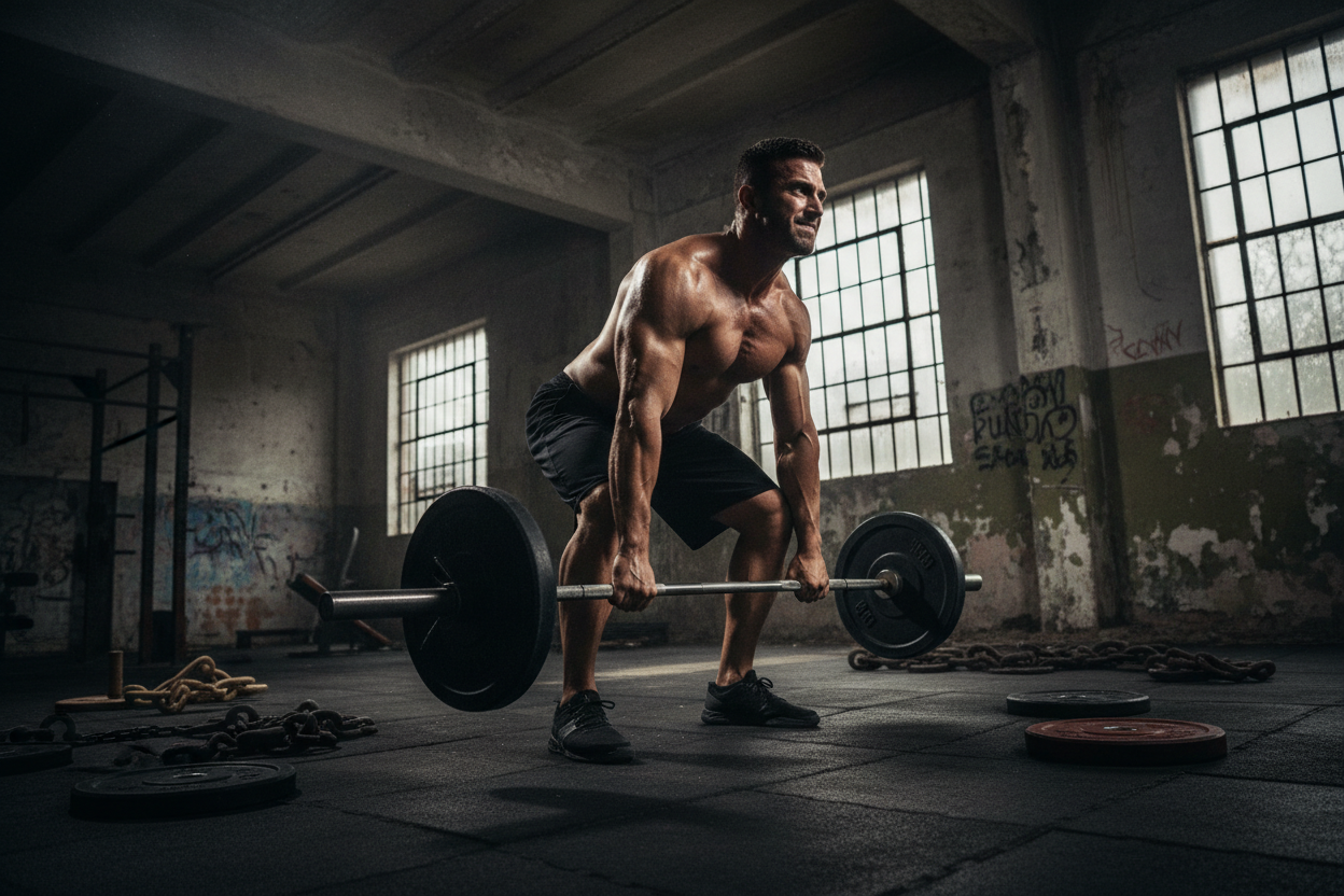 Man aan het fitnessen met donkere, ruwe stijl