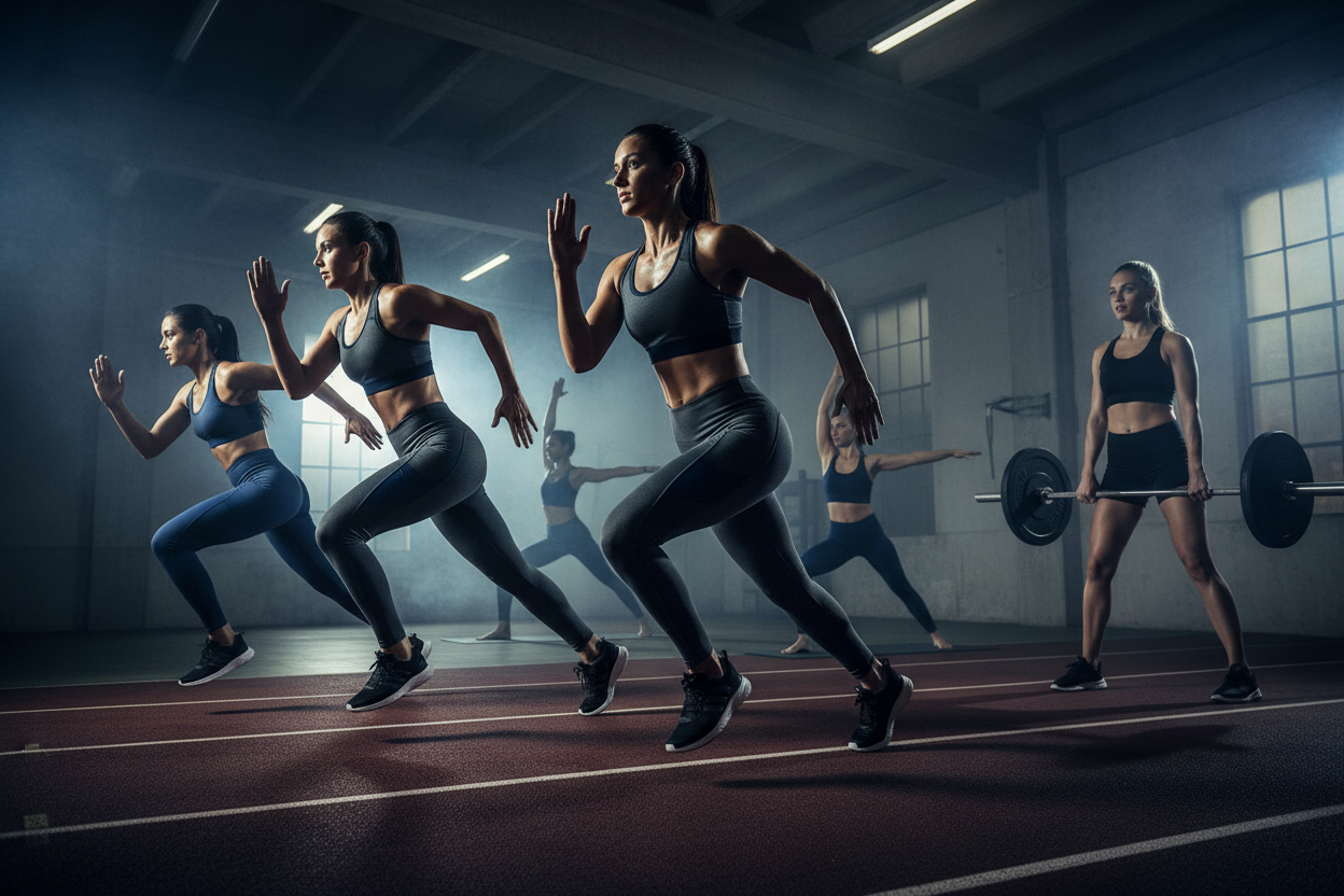 Sportende vrouwen in donkere kleuren